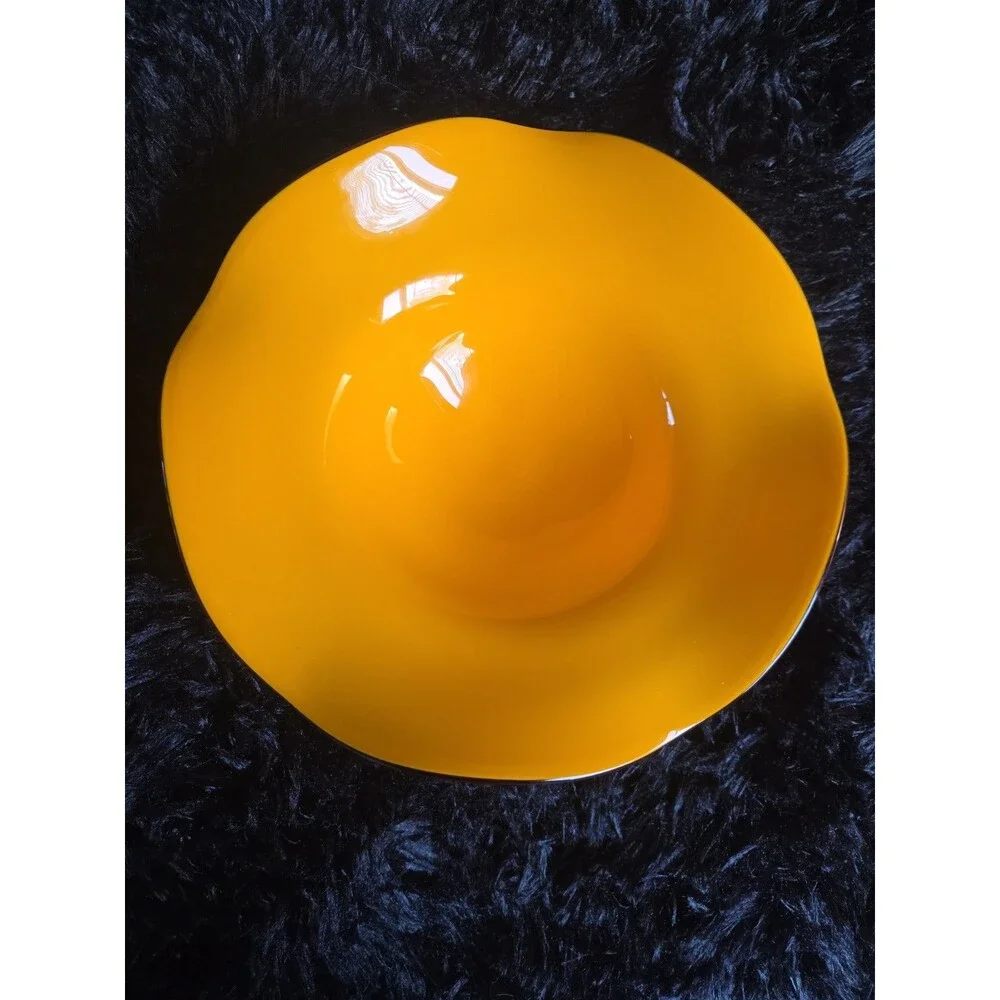 Vtg Teleflora Gift Vibrant Orange Glass Bowl with Ruffled Rim on Clear Pedestal - Picture 7 of 9
